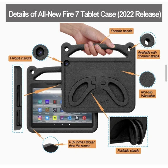 RHEA- Fire 7 Tablet Case (2022 Release) Protective Case With Handle/Foldable Kickstand