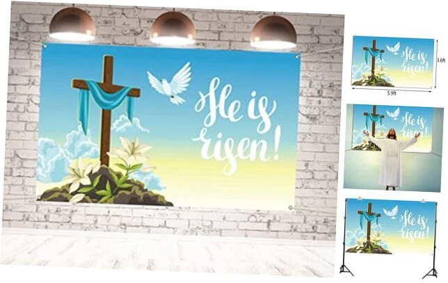 RHEA- He Is Risen Backdrop Banner Easter Christian Cross Lily Religious Holiday