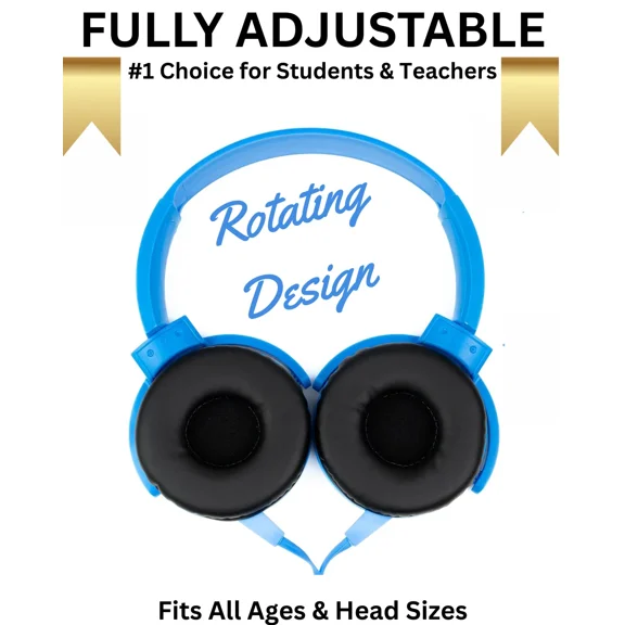 RHEA- New Barks Classroom Headphones W/ Mic Sapphire, K-12 School Use, On-Ear Blue