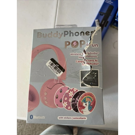 RHEA- New Buddyphones Pop Fun Wireless Safeaudio Headphones With Stickers, Pink