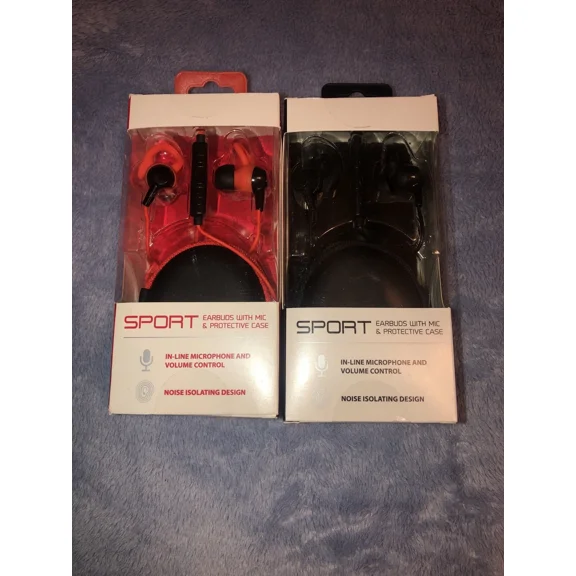 RHEA- Nib Lot Of 2 Pairs Of Sport Earbuds With Mic & Protective Case Free Shipping