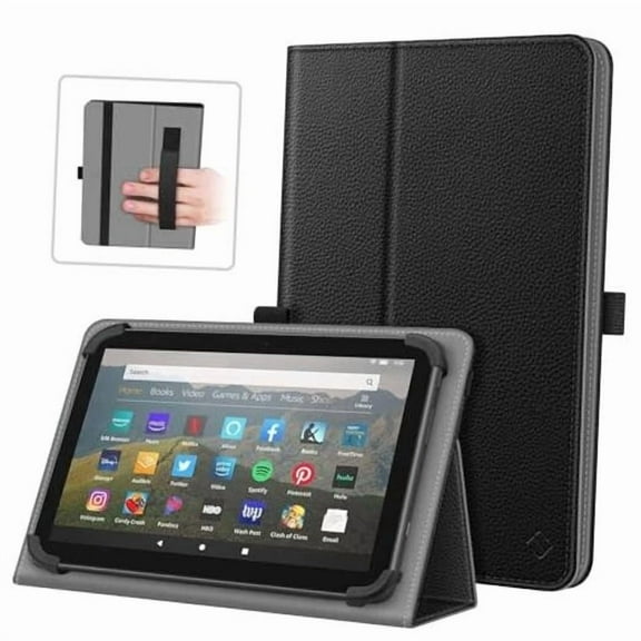 RHEA- Universal Case For 7-8 Inch Tablet Ereader - Folio Protective Cover Book Black
