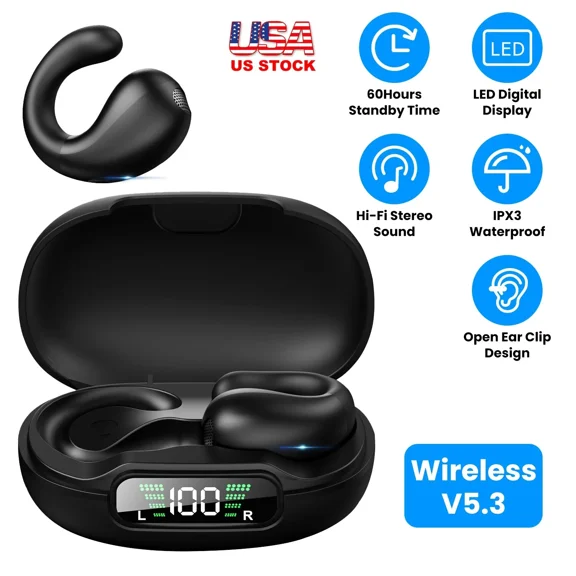RHEA- Wireless V5.3 Open Ear Clip Earbuds Over Ear Bone Headphones Ultra Open Earbuds