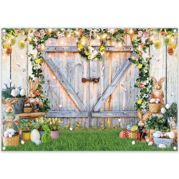 RHEA- Ycucuei 84X60Inch Spring Easter Photography Backdrops Garden Floral Grass Rabbit