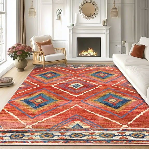 6'x9' Area Rugs for Living Room, Machine Washable Non-Slip Carpet, Soft Faux Wool Low Pile Moroccan Farmhouse Western Rug, Brick Red