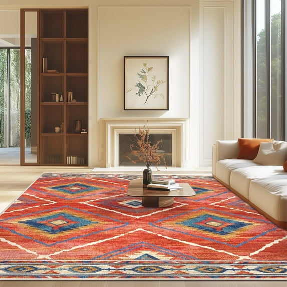 9'x12' Area Rugs for Living Room, Machine Washable Non-Slip Carpet, Soft Faux Wool Low Pile Moroccan Farmhouse Western Rug, Brick Red