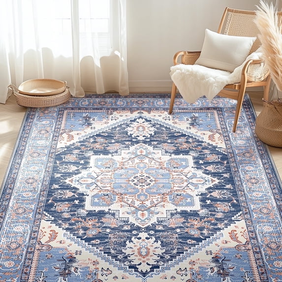 5'x7' Area Rugs, Machine Washable Non Slip Area Rug for Living Room, Soft Low Pile Vintage Print Pattern Indoor Bedroom Thin Carpet, Navy Blue
