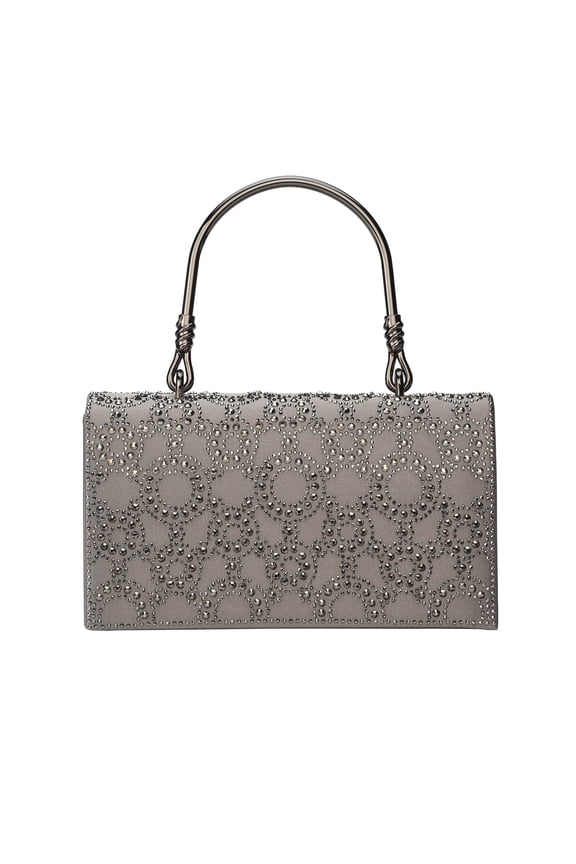RHINESTONE COVERED SATIN FABRIC CLUTCH BAG, LUCY BAG PEWTER