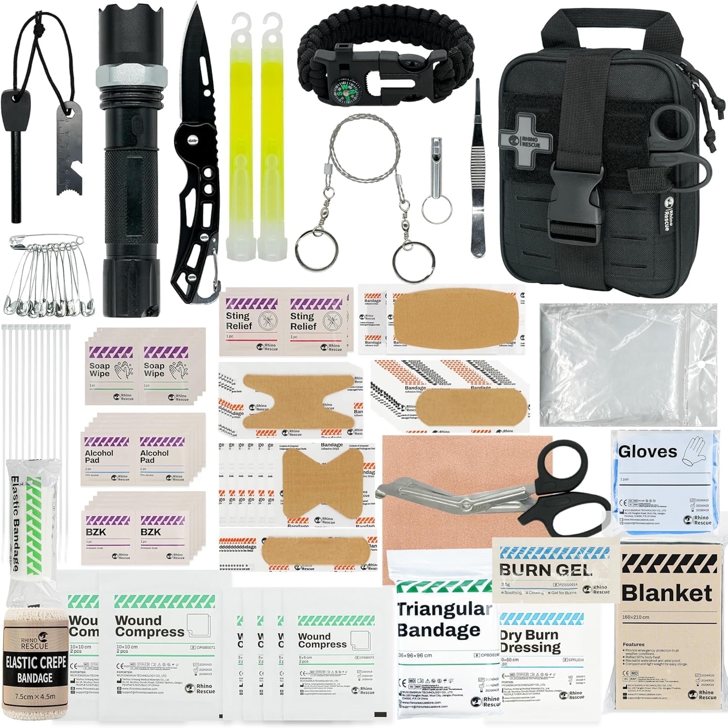 RHINO RESCUE 124-Piece Survival First Aid Kit with MOLLE System and Gear for Car, Camping, Hiking