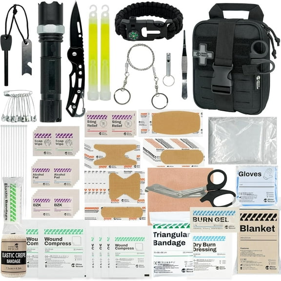 RHINO RESCUE 124-Piece Survival First Aid Kit with MOLLE System and Gear for Car, Camping, Hiking