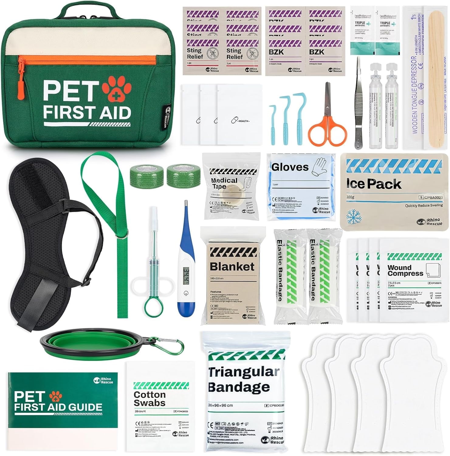 RHINO RESCUE Pet First Aid Kit, Emergency Medical Supplies for Dogs & Cats, Safety Essentials Pack with Thermometer, Disposable Booties for Home, Hiking, Traveling & Camping