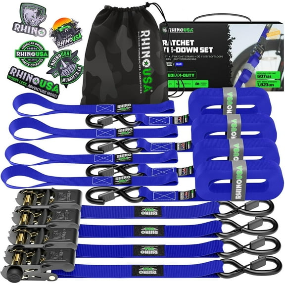 RHINO USA Ratchet Tie down Straps (4PK) - 1,823Lb Guaranteed Max Break Strength,