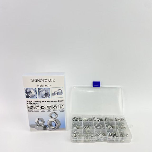RHINOFORCE Metal nuts,1/4-20 Hex Nuts, 304 Stainless Steel, Hex Drive, Nuts Fasteners, 1/4" Stainless Nuts Replacement Nut with Plastic Case - 200 pcs