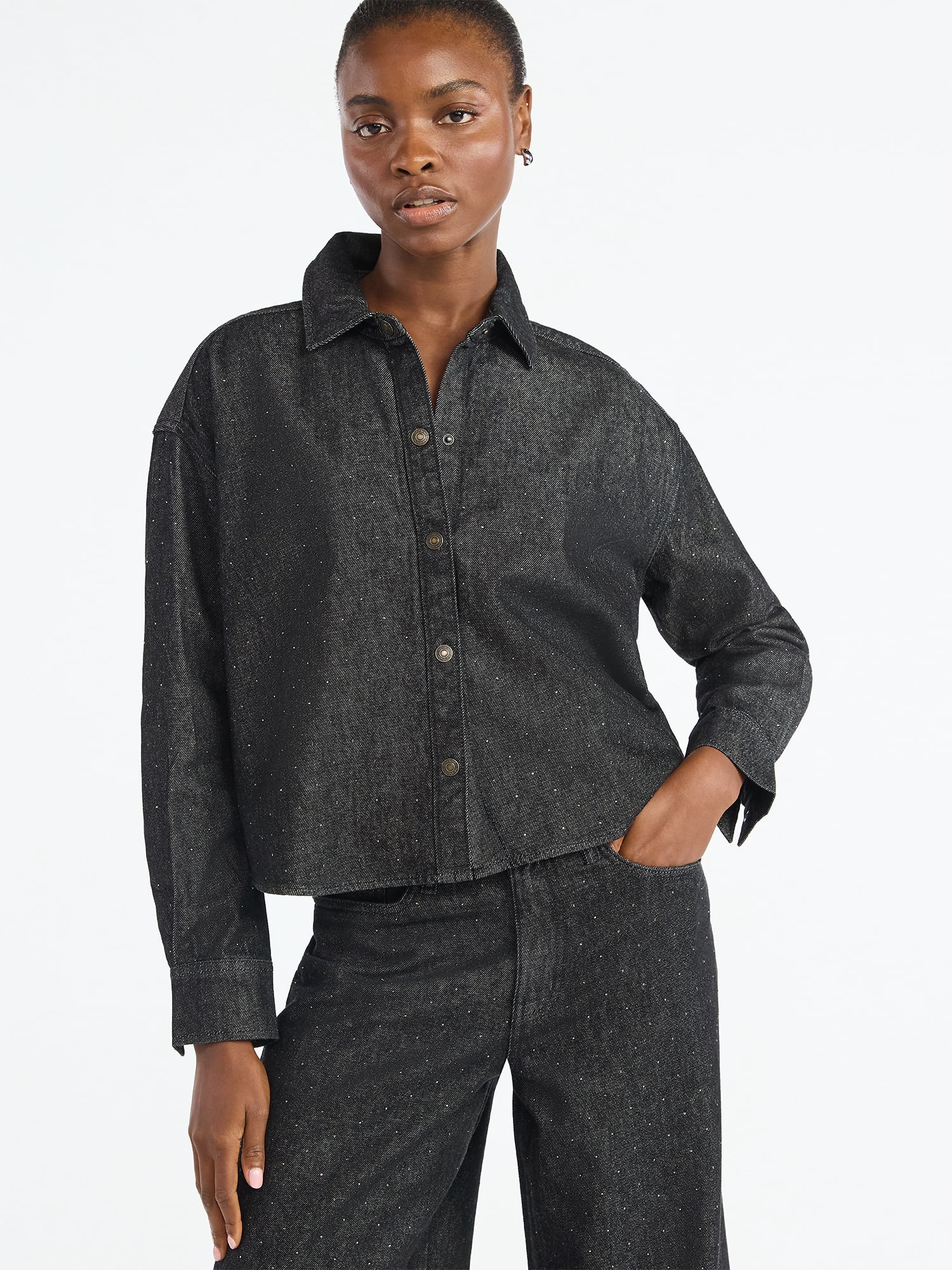 Scoop Women’s Rhinestone Embellished Cotton Denim Shirt with Long Sleeves, Sizes XS-4X