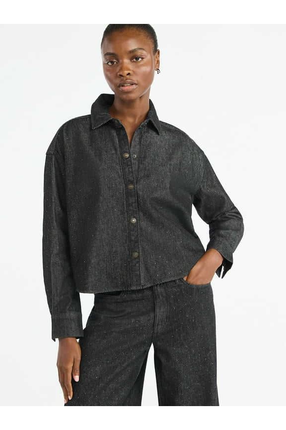 Women’s Rhinestone Embellished Cotton Denim Shirt with Long Sleeves, Sizes XS-4X