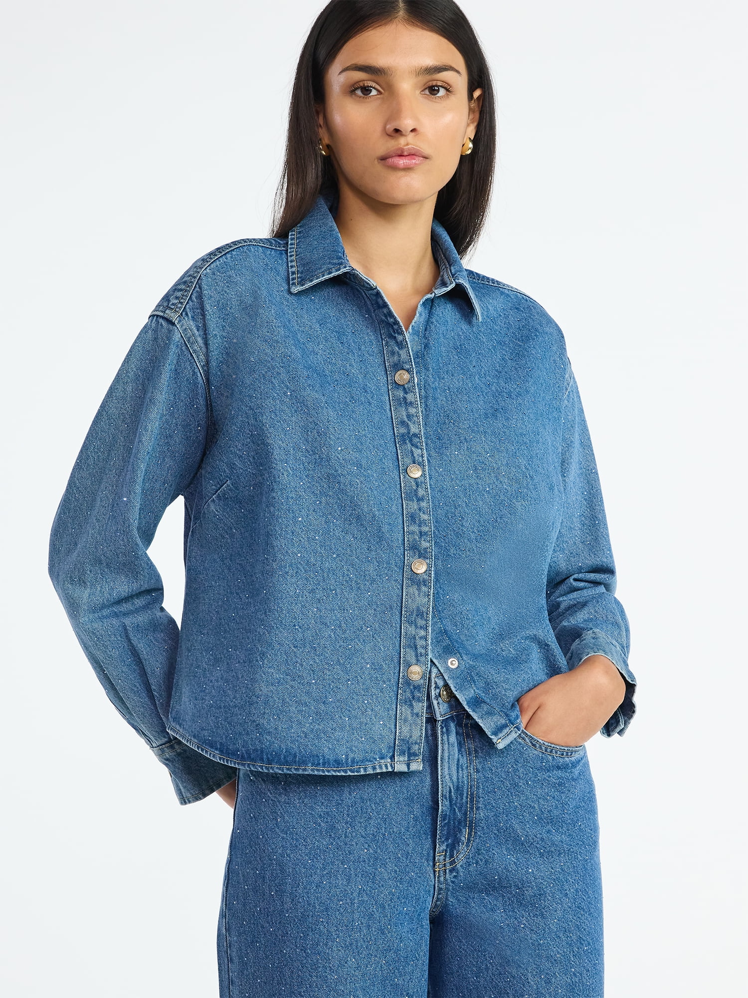 Scoop Women's Rhinestone Embellished Cotton Denim Shirt with Long