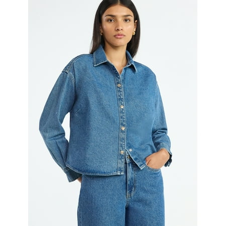 Scoop Women’s Rhinestone Embellished Cotton Denim Shirt with Long Sleeves, Sizes XS-4X