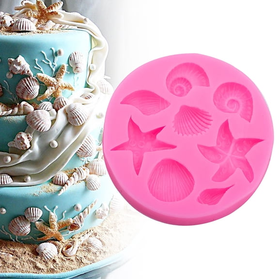 RHKT Marine Theme Cake Fondant Silicone Mold,Seashell, Conch, Starfish, Fish,Under the Sea Style Handmade Pastry Baking Molds for Cookie Chocolate Candy Decoration,1PC,8.2cm,Pink,Silica Gel,Mold