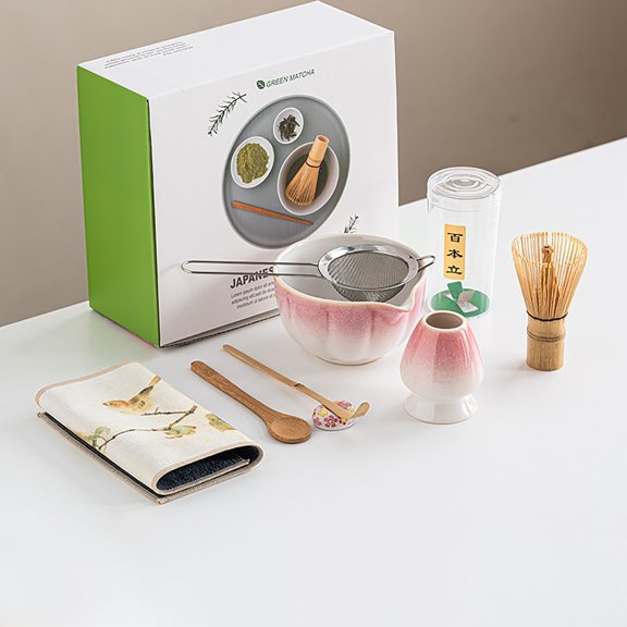 RHKT Matcha Whisk Set Pink,Ceremony Matcha Set,Matcha Kit Grident Pink,Matcha Tea Set for Making Breakfast/Latte, Matcha Whisk Set and Bowl with All Accessories,1PC,Glass,3.93×9.44×8.26inch