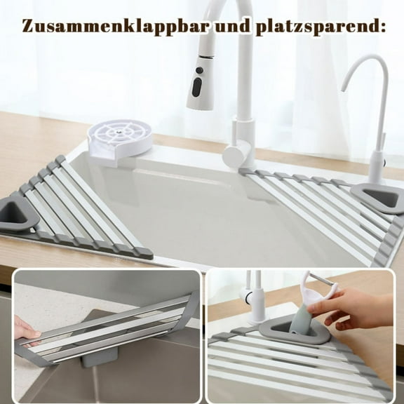 RHKT Triangle Roll-Up Dish Drying Rack for Sink Corner Small Foldable Stainless Steel Over The Sink Multipurpose Kitchen Drainer Caddy Organizer Storage Space Saver,1PC,Silica Gel,43×43×60cm,Rack