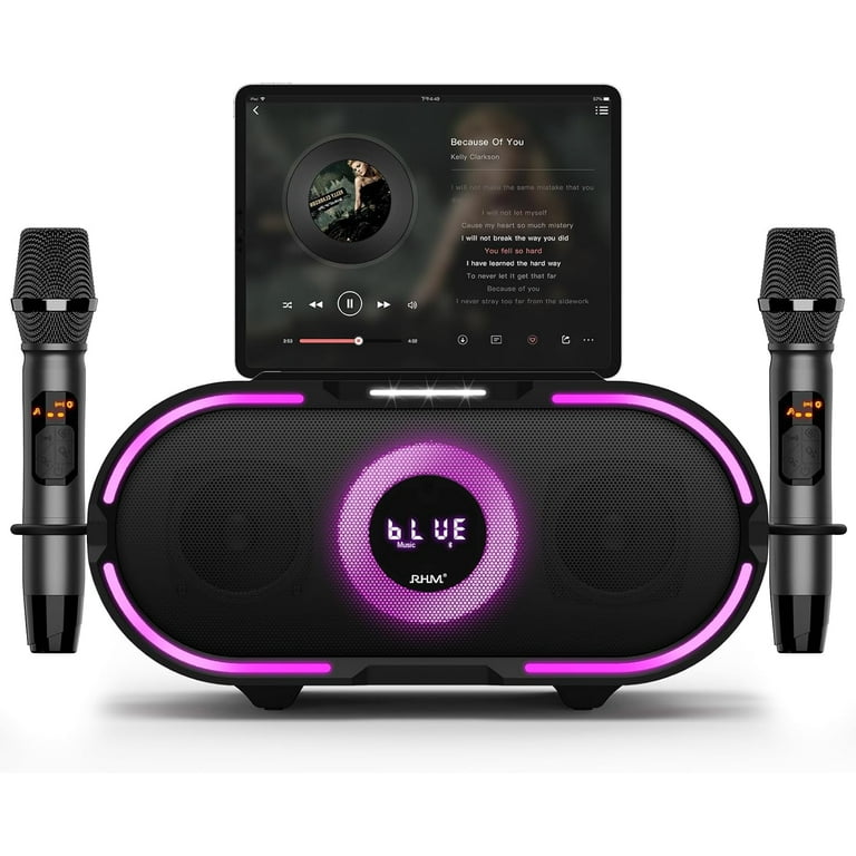 モバイルカラオケスピーカー RHM皇馬 RM-K666 RHM K666PLUS Karaoke Machine with RGB Lights, 2 Wireless Mics