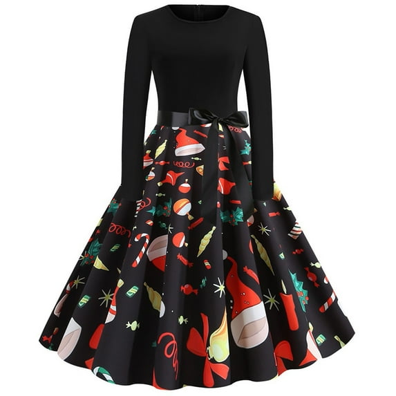 RHWHOGLL Christmas Dress,Women Vintage Long Sleeve 50s Dresses,Xmas Printed Dress,A-line Retro Cocktail Swing Dress,Elegant O-Neck Christmas Evening Party Prom Dress,Dress for Women XXL
