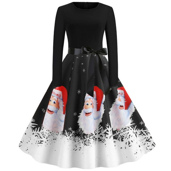 RHWHOGLL Christmas Dress,Women Vintage Long Sleeve 50s Dresses,Xmas Printed Dress,A-line Retro Cocktail Swing Dress,Elegant O-Neck Christmas Evening Party Prom Dress,Dress for Women XL
