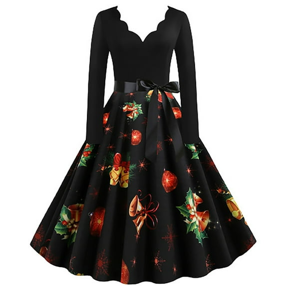 RHWHOGLL Christmas Dress,Women Vintage Long Sleeve 50s Dresses,Xmas Printed Dress,A-line Retro Cocktail Swing Dress,Elegant V-Neck Christmas Evening Party Prom Dress,Dress for Women M