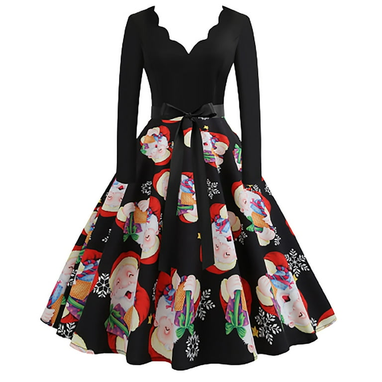RHWHOGLL Christmas Dress Women Vintage Long Sleeve 50s Dresses Xmas Printed Dress A line Retro Cocktail Swing Dress Elegant V Neck Christmas Evening Party Prom Dress Dress for Women L Walmart