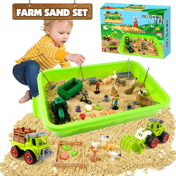 RHYBOR Play Sand Farm Toys, Sensory Bins for Toddlers with 2.2lbs Sensory Play Sand, Farm Figures & Tractor and other Playset, Sandbox Toy for Kids 3+