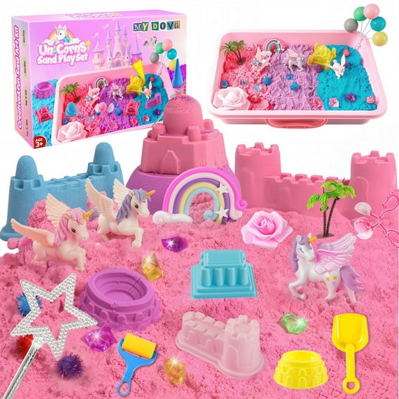 RHYBOR Unicorn Sensory Bin for Girl, Magic Play Sand Art Kit with Sandbox, 3.3lb Color Sands, Unicorn Tactile Sensory Toy Gifts for Toddler Ages 3 