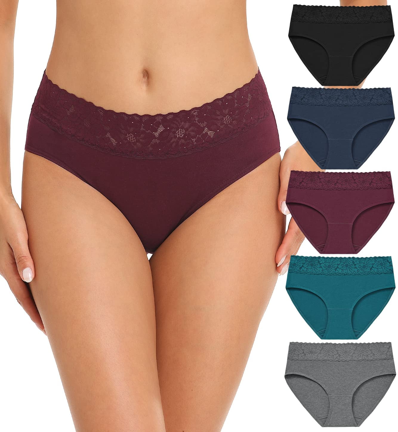 RHYFF Womens Underwear Cotton Bikini Panties Lace Soft Hipster Panty Ladies  Stretch Full Briefs 5 Pack
