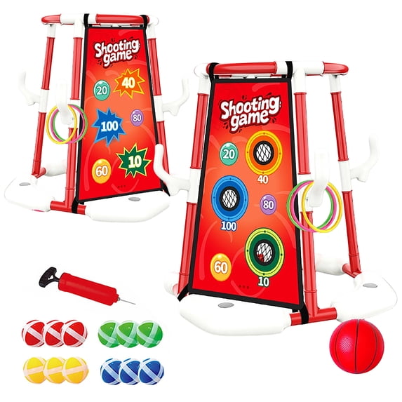RHcon 2-in-1 Pool Basketball Hoop Set, Floating Pool Toys with Rings,Toss Balls Games, Outdoor Summer Basketball Game at Swimming Poolside for Kids Ages 4-12 Adults Family Fun
