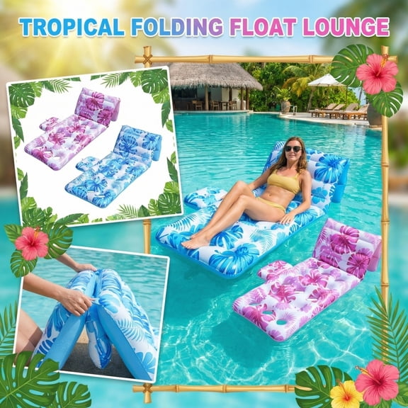 RHcon Tropical Turtle Leaf Print Inflatable Pool Float with Backrest & Double Cup Holders, Heavy Duty PVC Water Lounger for Adults, Portable Beach Float for Pool, Beach, Summer Parties & Travel