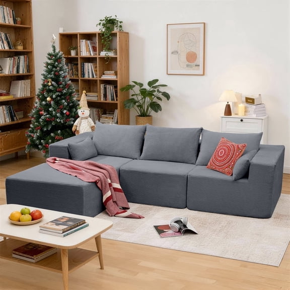 RIAFUN 105.5" Corduroy Cloud L-Shaped Sectional Sofa, Deep Seat Reversible Chaise, No Assembly Required, Pet-Friendly Breathable, 1400 LBS Capacity, Dark Gray