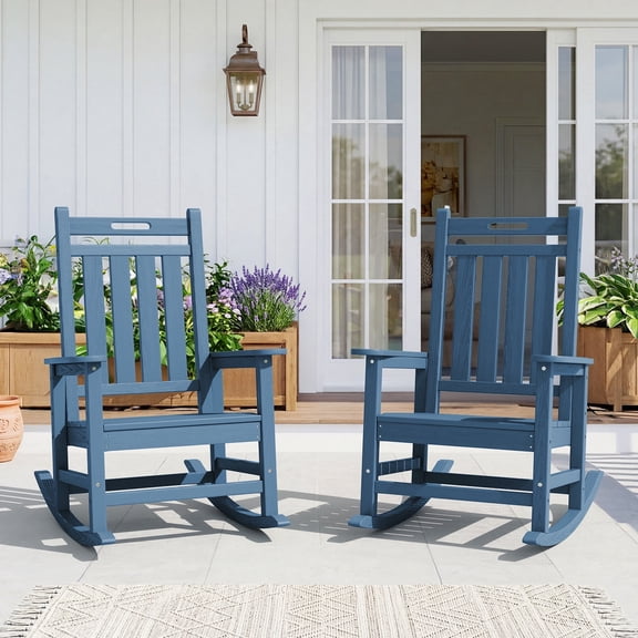 RIAFUN 2PC HDPE All-Weather Patio Rocking Chair, Fade Resistant Outdoor Rocker for Backyard Poolside,Navy Blue
