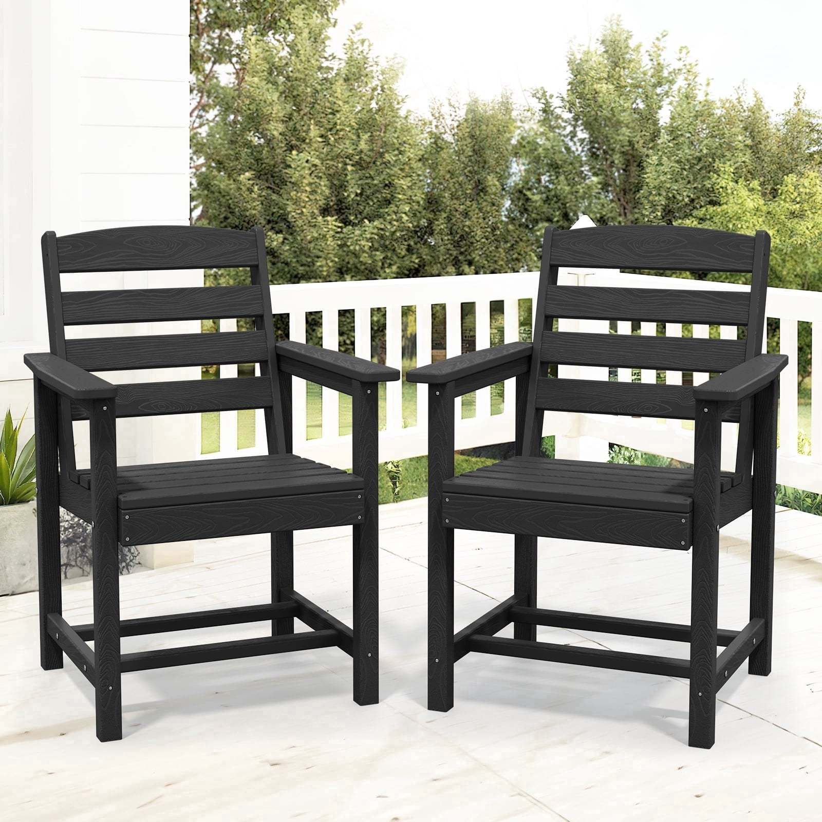 RIAFUN 2PC HDPE Outdoor Patio Dining Chairs, Weather Resistant All-Weather Plastic Seats for Lawn Garden Deck,Black