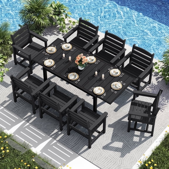 RIAFUN 9PC Expandable Outdoor Dining Table Set, HDPE Tabletop with Aluminum Frame & Umbrella Hole, 8 HDPE Chairs, Weather Resistant,Black