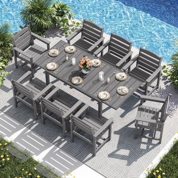 RIAFUN 9PC Expandable Outdoor Dining Table Set, HDPE Tabletop with Aluminum Frame & Umbrella Hole, 8 HDPE Chairs, Weather Resistant,Gray