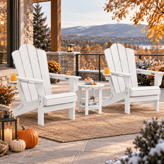 RIAFUN Adirondack Chair Set of 2, Folding HDPE Resin Outdoor Patio chair with Double Cup Holder & Phone Holder,White