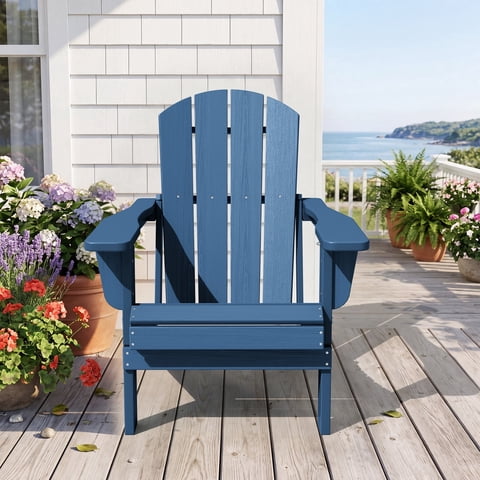 RIAFUN Folding Adirondack Chair,HDPE Plastic Outdoor Patio Chair, Navy Blue