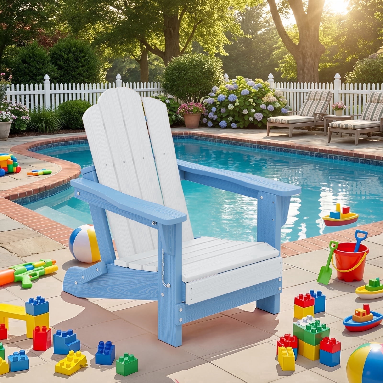 RIAFUN HDPE Adirondack Kids Outdoor Chair, Foldable & Weather-Resistant Toddler Patio Chair for Garden Lawn Yard Deck,Blue and White