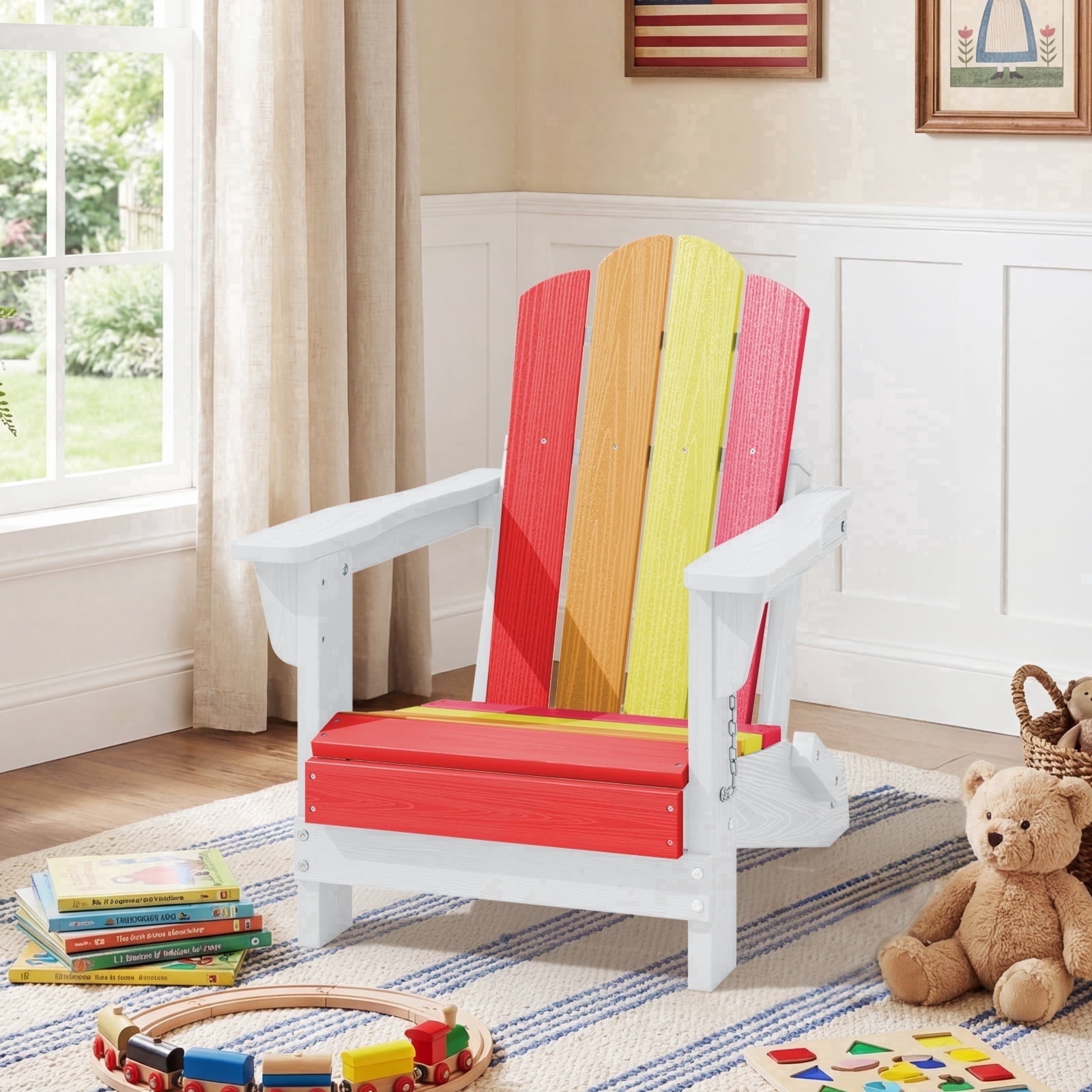 RIAFUN HDPE Adirondack Kids Outdoor Chair, Foldable & Weather-Resistant Toddler Patio Chair for Garden Lawn Yard Deck,Red-to-Pink Gradient