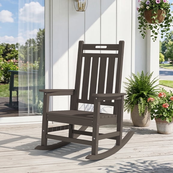 RIAFUN HDPE All-Weather Patio Rocking Chair, Fade Resistant Outdoor Rocker for Backyard Poolside,Coffee