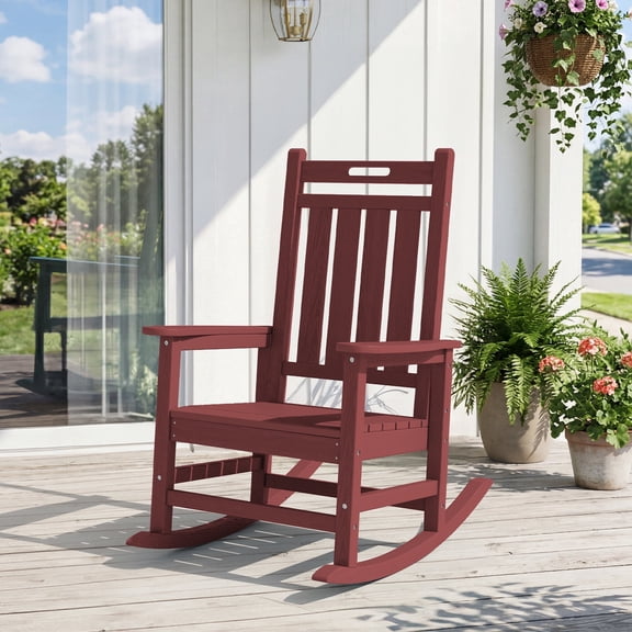 RIAFUN HDPE All-Weather Patio Rocking Chair, Fade Resistant Outdoor Rocker for Backyard Poolside,Dark Red