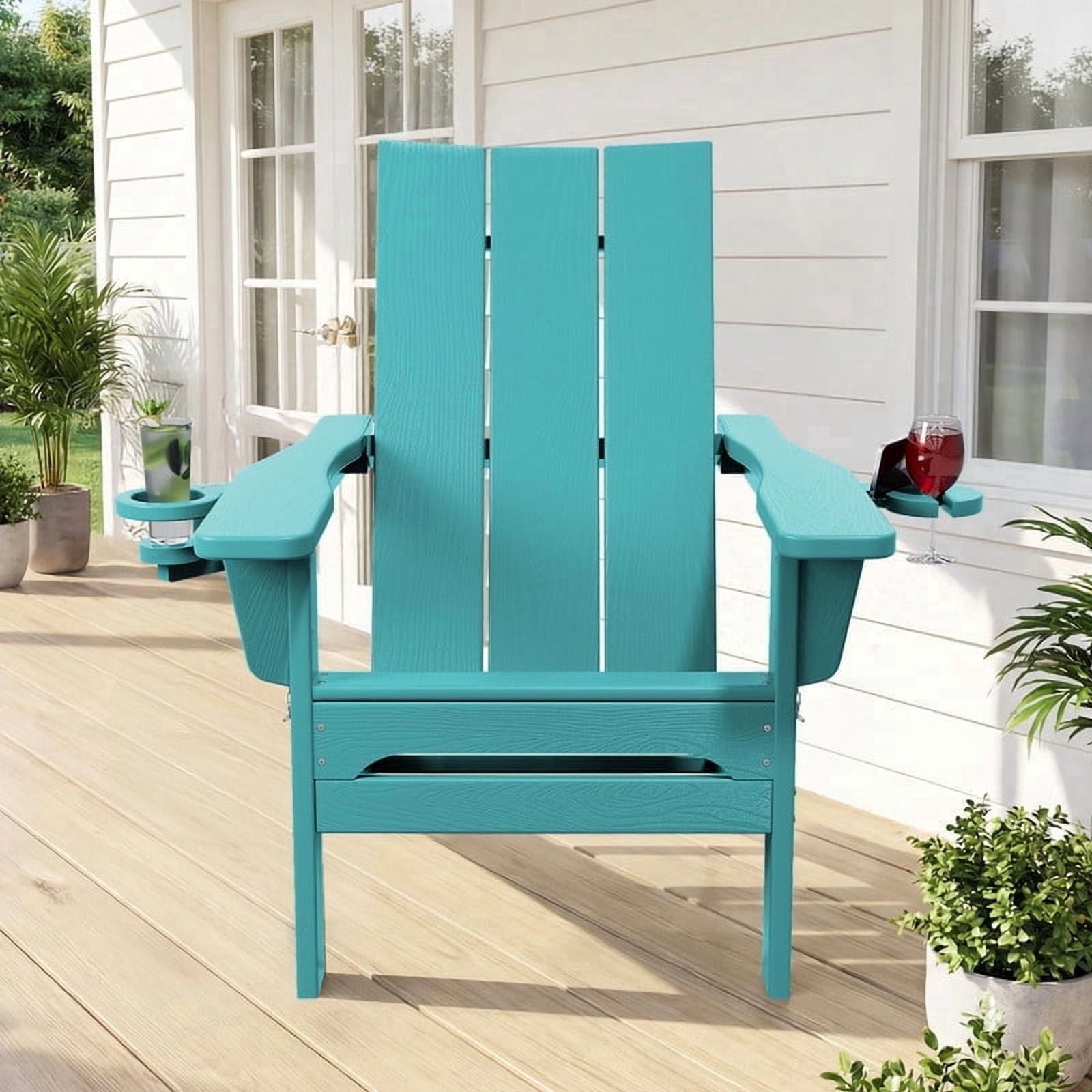 RIAFUN HDPE Foldable Adirondack Chair, Outdoor Patio Chair with 2 Cup Holders, Heavy Duty All-Weather Seating for Lawn,Porch,Deck,Backyard, Peacock Blue