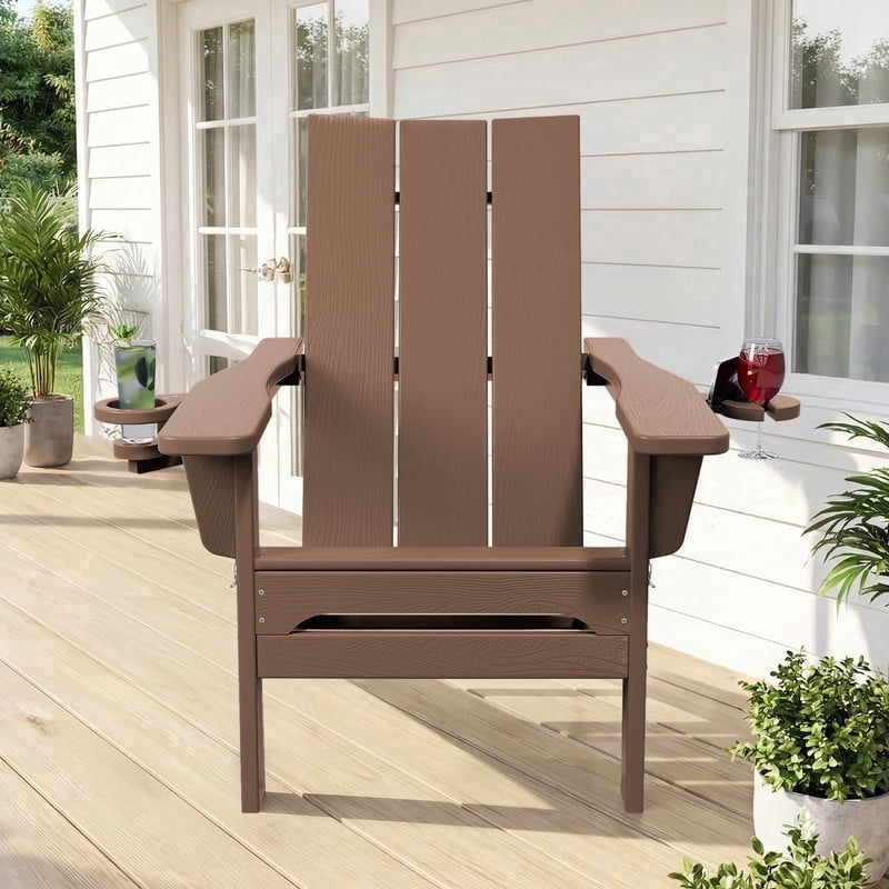 RIAFUN HDPE Foldable Adirondack Chair, Outdoor Patio Chair with 2 Cup Holders, Heavy Duty All-Weather Seating for Lawn,Porch,Deck,Backyard, Brown