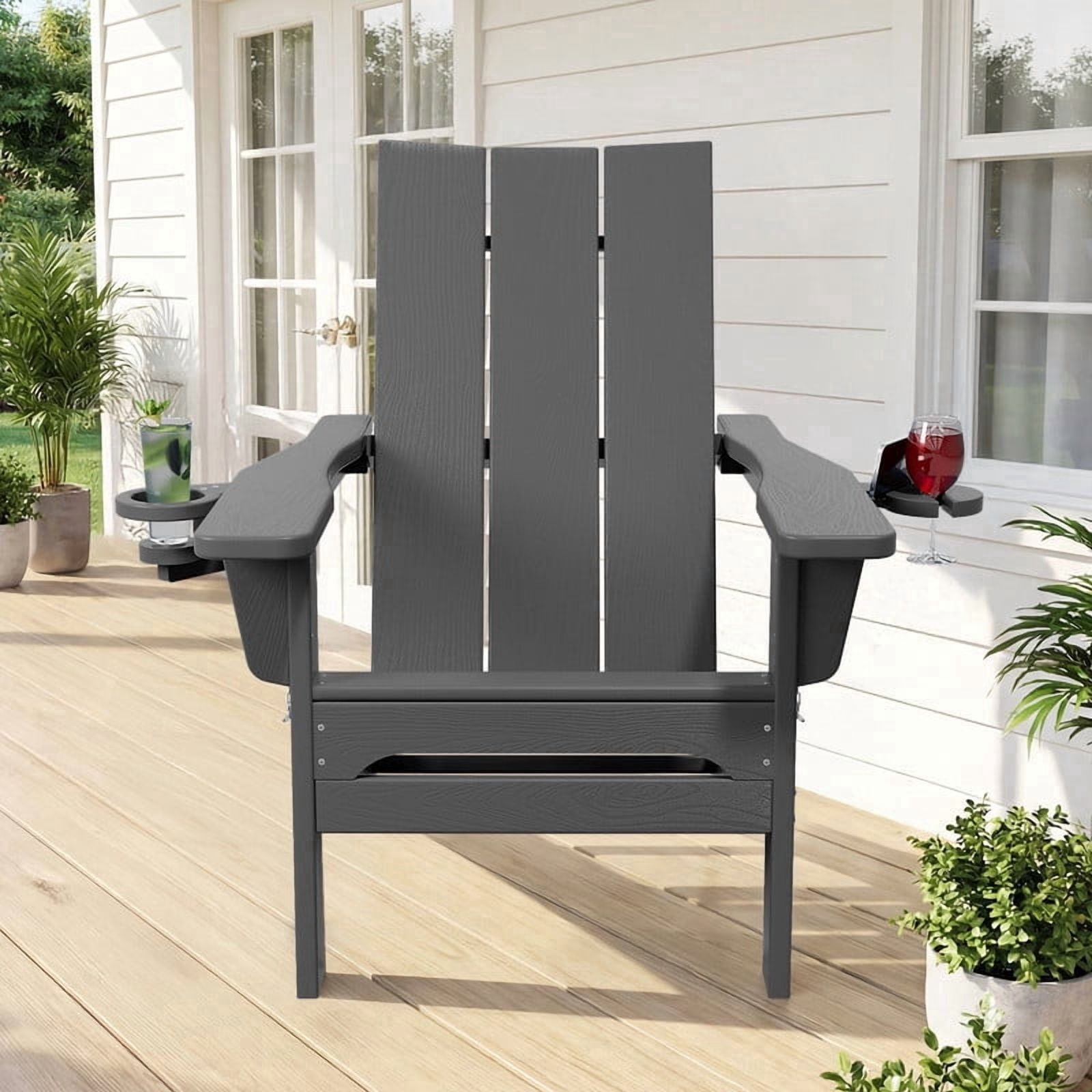 RIAFUN HDPE Foldable Adirondack Chair, Outdoor Patio Chair with 2 Cup Holders, Heavy Duty All-Weather Seating for Lawn,Porch,Deck,Backyard, Gray