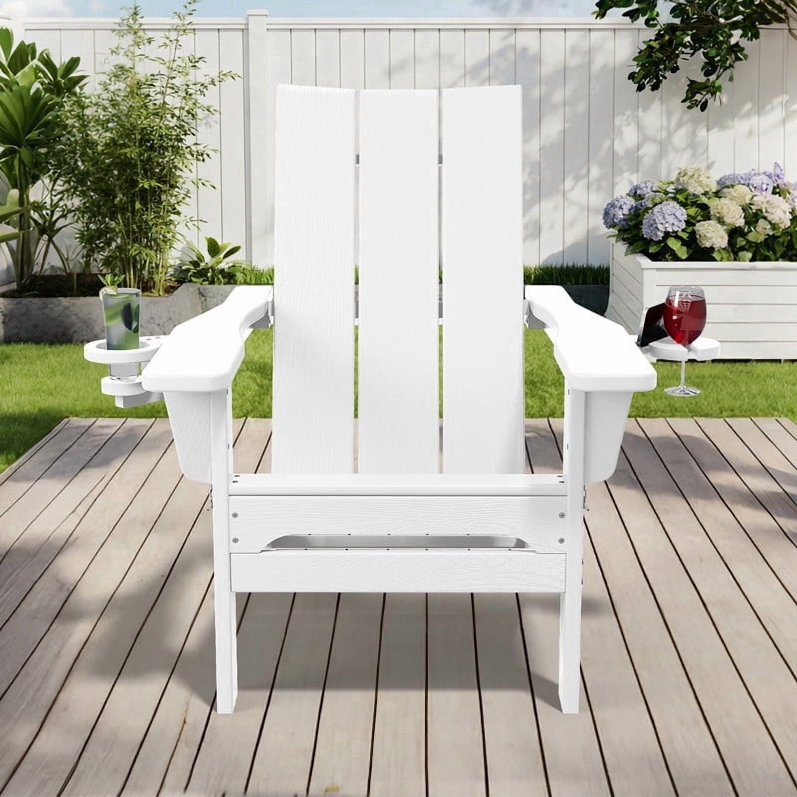 RIAFUN HDPE Foldable Adirondack Chair, Outdoor Patio Chair with 2 Cup Holders, Heavy Duty All-Weather Seating for Lawn,Porch,Deck,Backyard, White