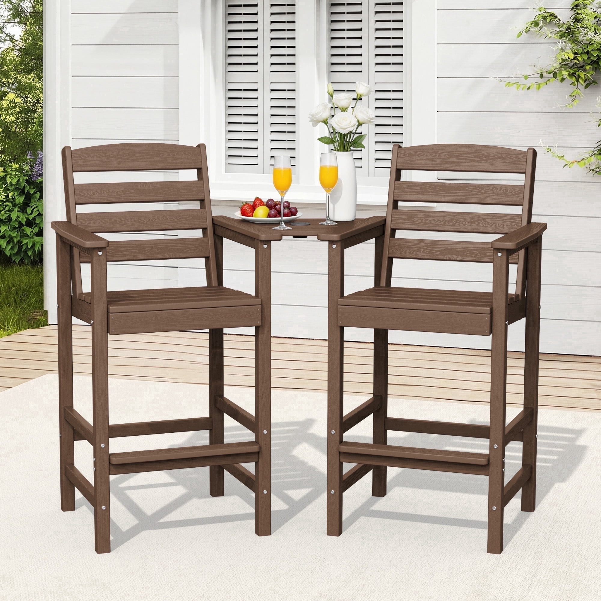 RIAFUN HDPE Height Bar Stools Set of 2 with Removable Connecting Table, Weather Resistant Outdoor Tall Adirondack Chairs with Umbrella Hole for Patio, Poolside, Garden, Brown